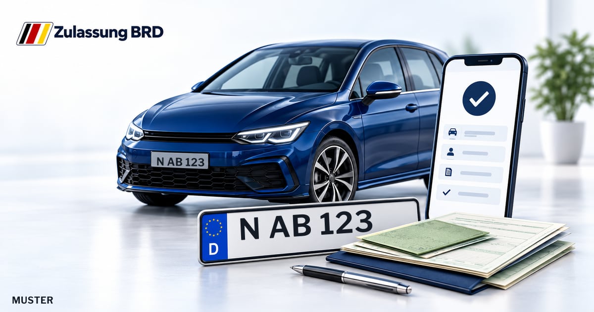 Online Fahrzeugzulassung in Nürnberg: Musterkennzeichen N AB 123, Auto und Fahrzeugpapiere und Smartphone. Illustration mit Logo von Zulassung BRD.